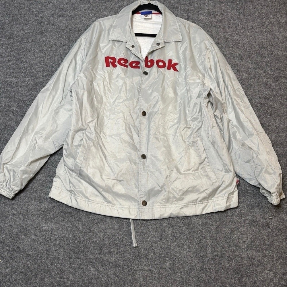 Vintage Reebok Coach Jacket Mens M Gray Spellout Logo Nylon Windbreaker